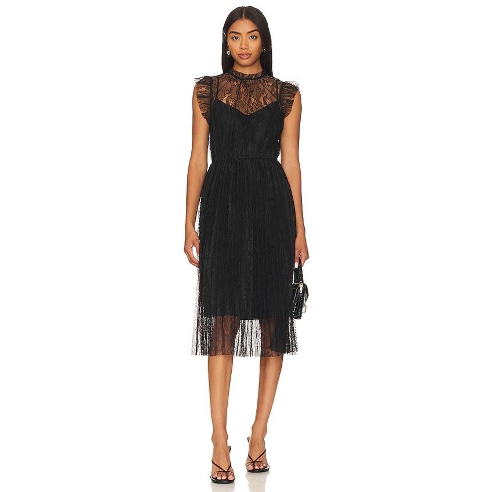 Steve Madden Dress Izzo Lace Ruffle Midi Mock Neck Black XL Whimsigoth  Romantic